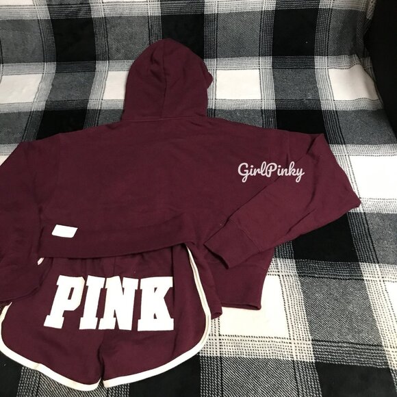VS PINK IVY TERRY SHORTS OUTFIT & FULL ZIP BURGUNDY WITH LOGO ON THE BUTT XS-XXL - Picture 8 of 8